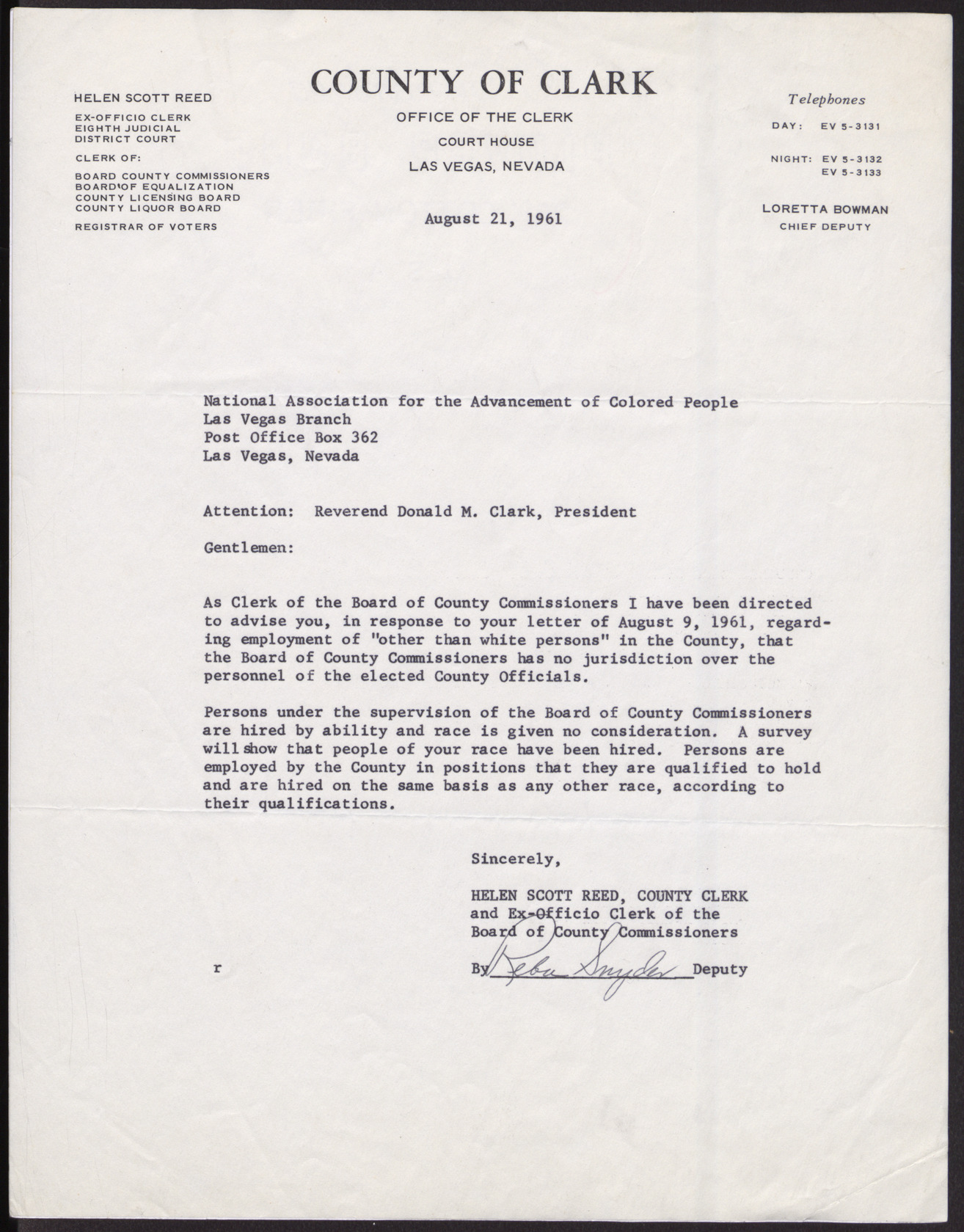 Letter to Reverend Donald M. Clark from Helen Scott Reed, August 21, 1961
