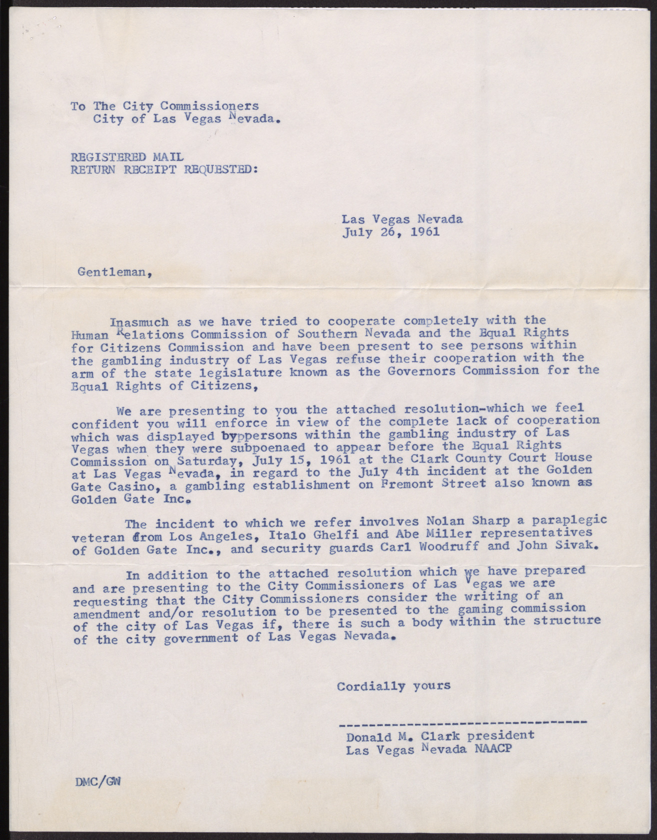 Letter to the Las Vegas City Commissioners from Donald M. Clark, July 26, 1961