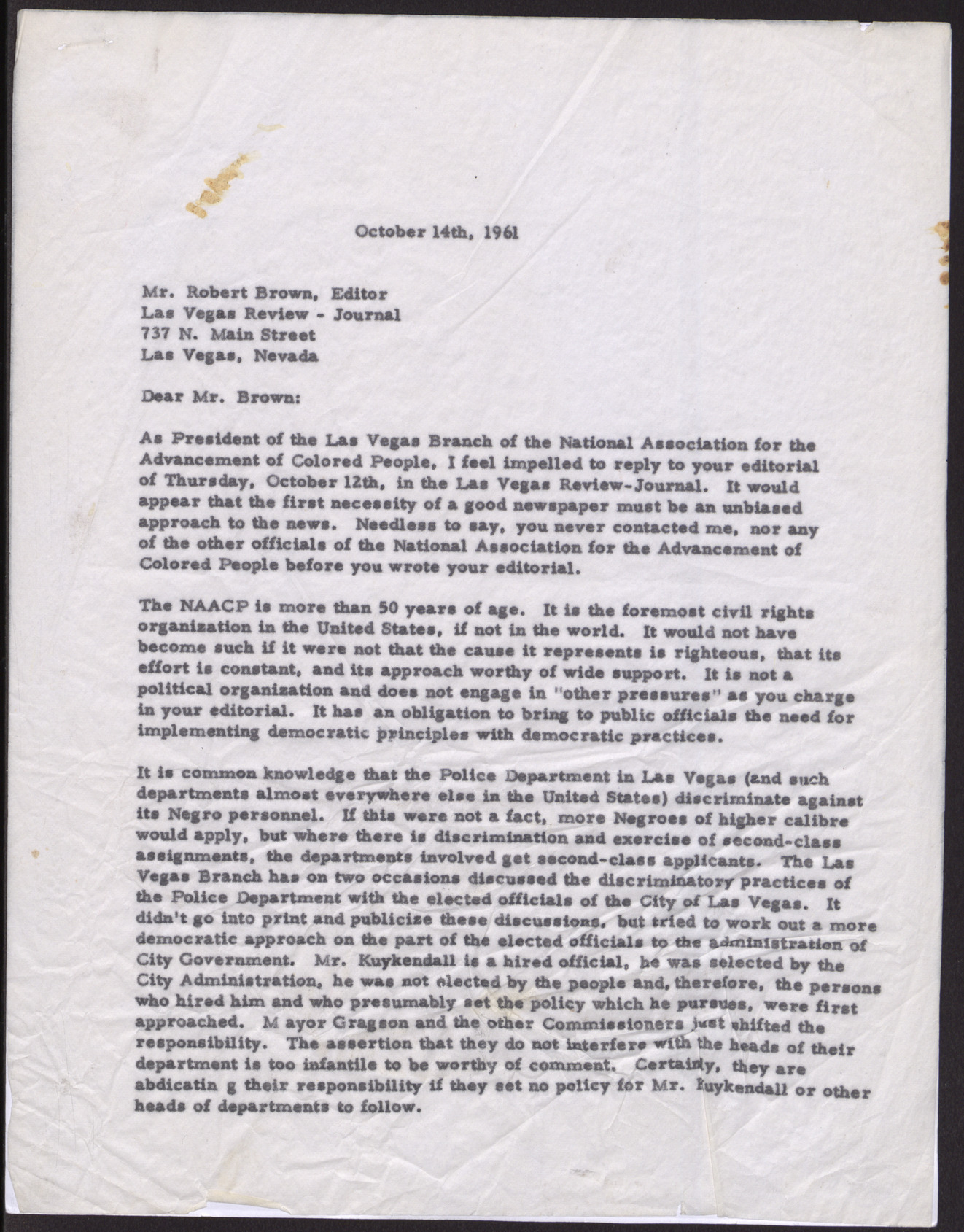 Letter to Robert Brown, Editor at Las Vegas Review Journal, from Rev. Donald M. Clark (2 pages), October 14, 1961