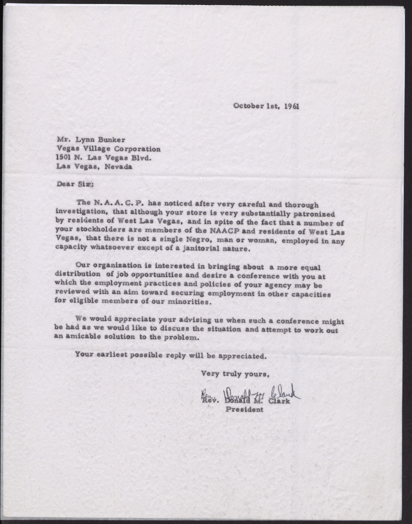 Letter to Lynn Bunker from Rev. Donald M. Clark, October 1, 1961