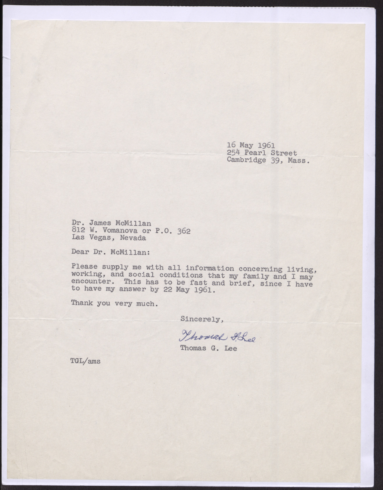 Letter to Dr. James McMillan from Thomas G. Lee, May 16, 1961