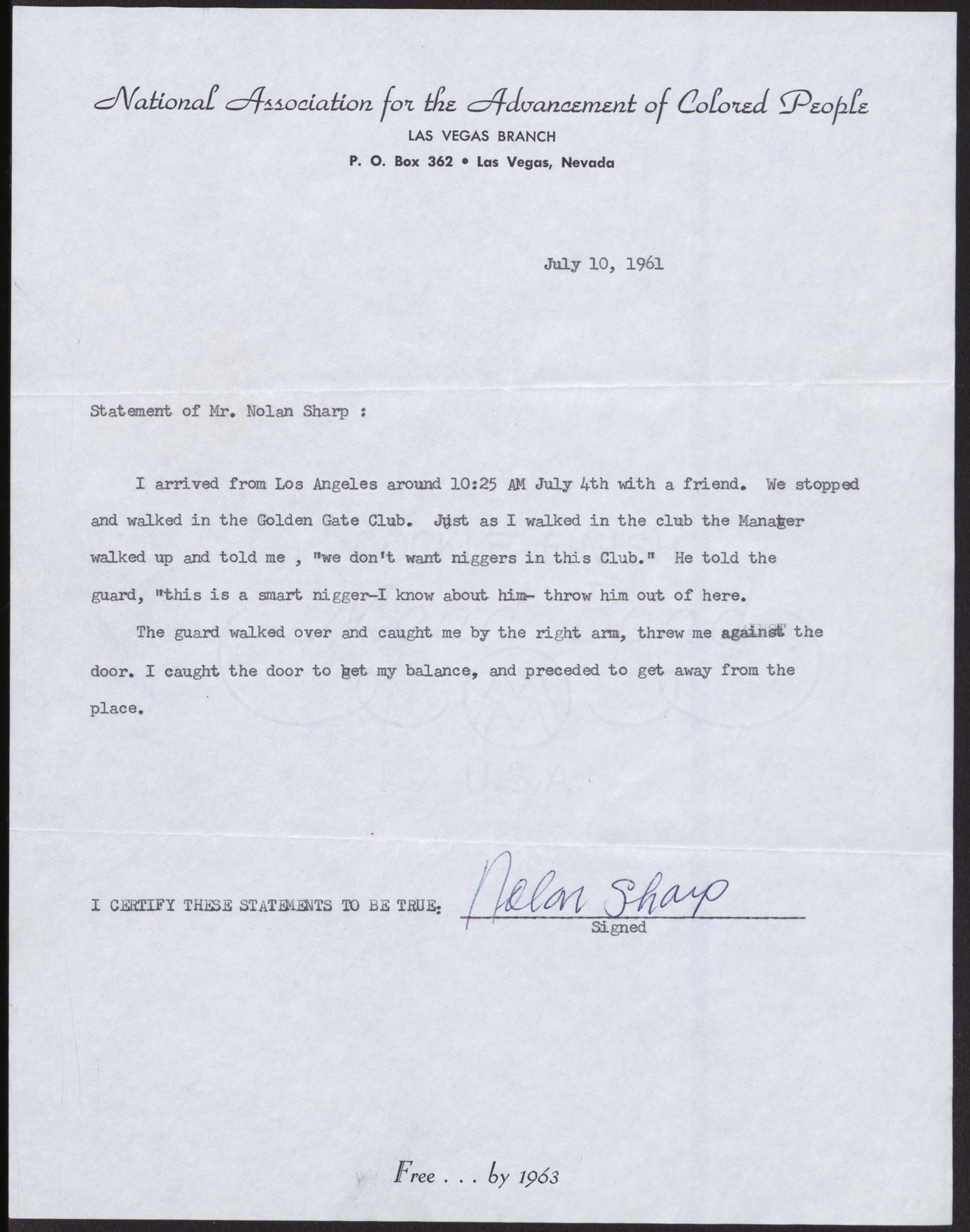 Incident statements by and on behalf of Nolan Sharp (2 pages), July 10, 1961