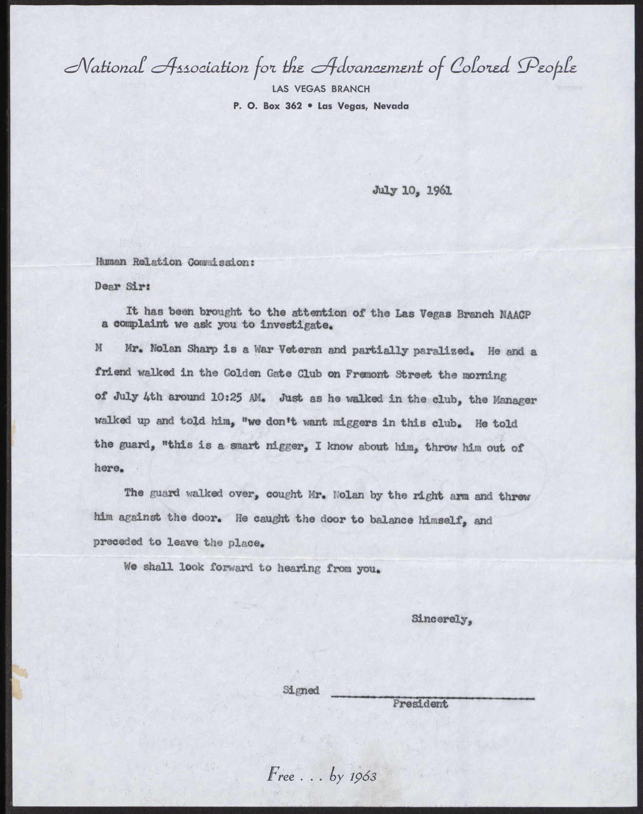 Incident statements by and on behalf of Nolan Sharp (2 pages), July 10, 1961, page 2