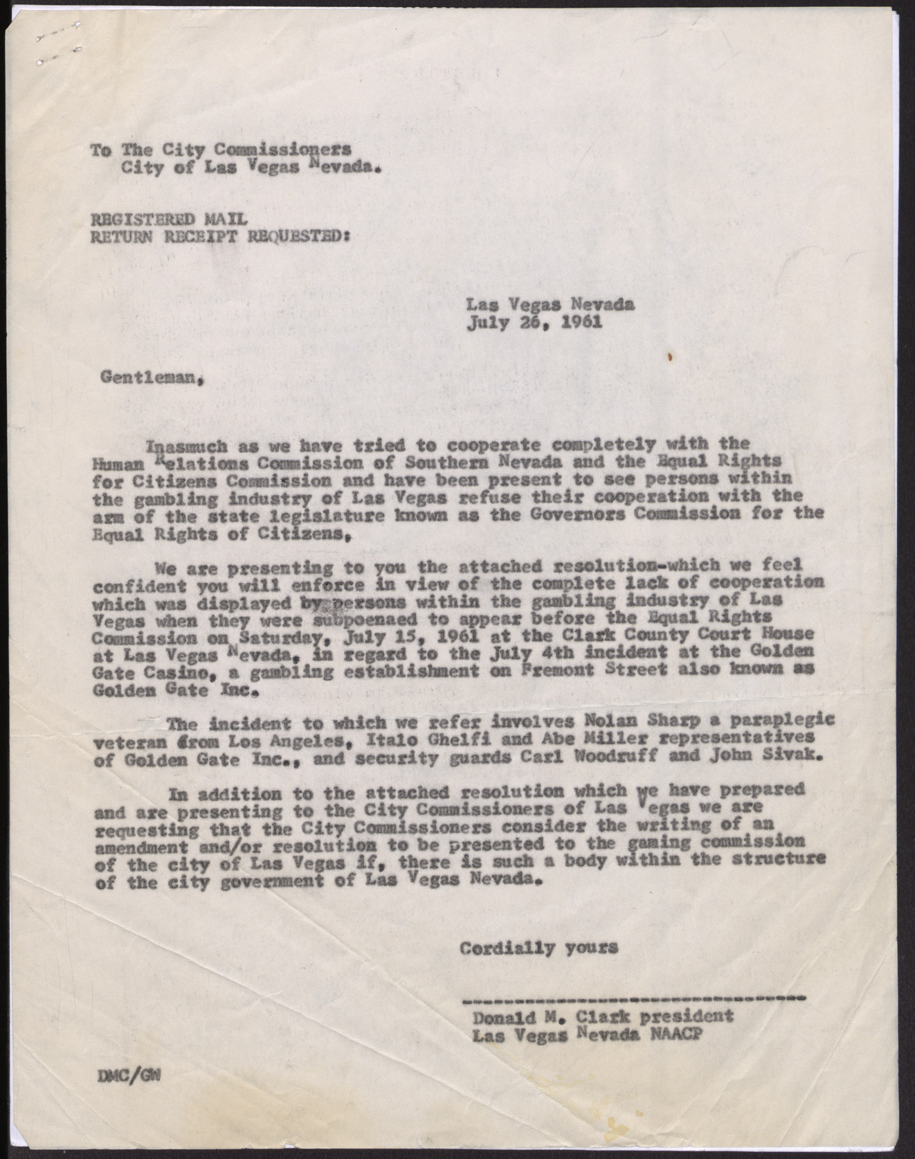 Letter to the Las Vegas City Commissioners from Donald M. Clark, July 26, 1961