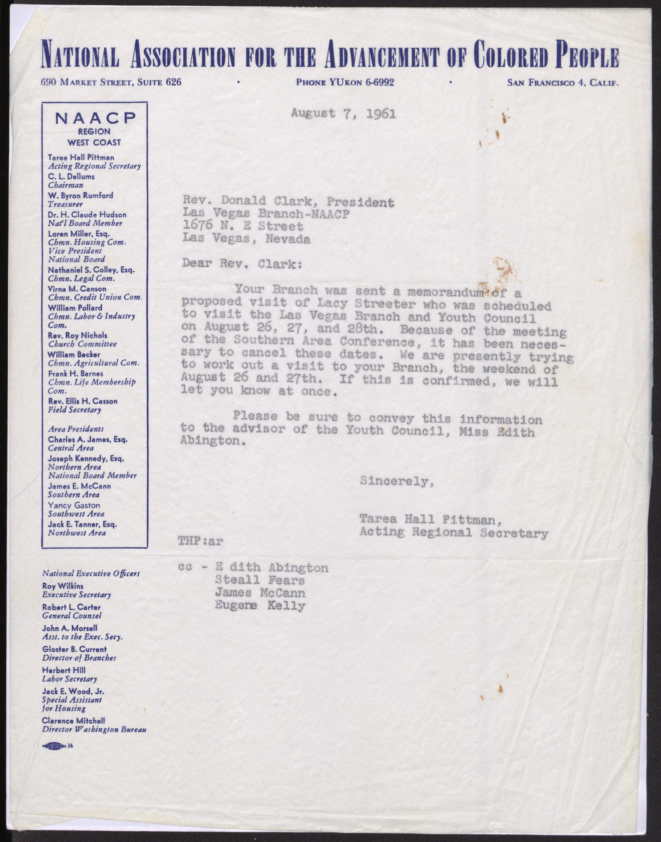 Letter to Donald Clark from Tarea Hall Pittman, August 7, 1961