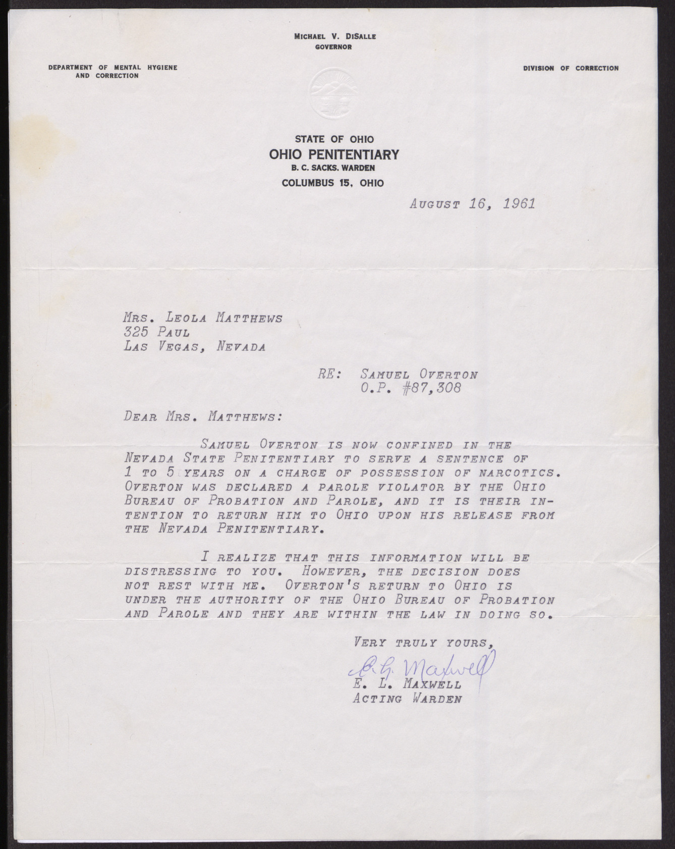 Letter to Mrs. Leola Matthews from E. L. Maxwell, August 16, 1961