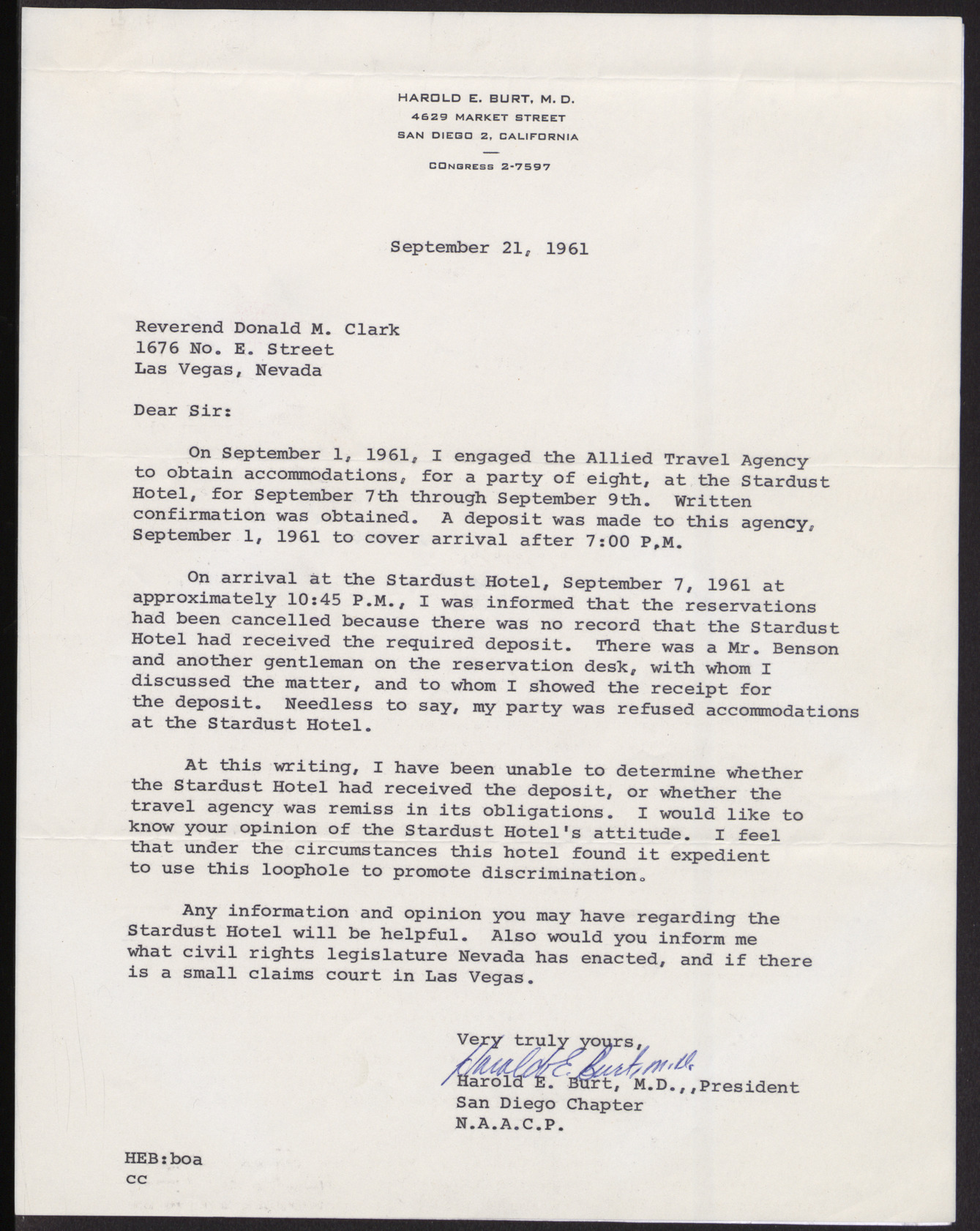 Letter to Reverend Donald M. Clark from NAACP San Diego Chapter President Harold El Burt, M.D, September 21, 1961