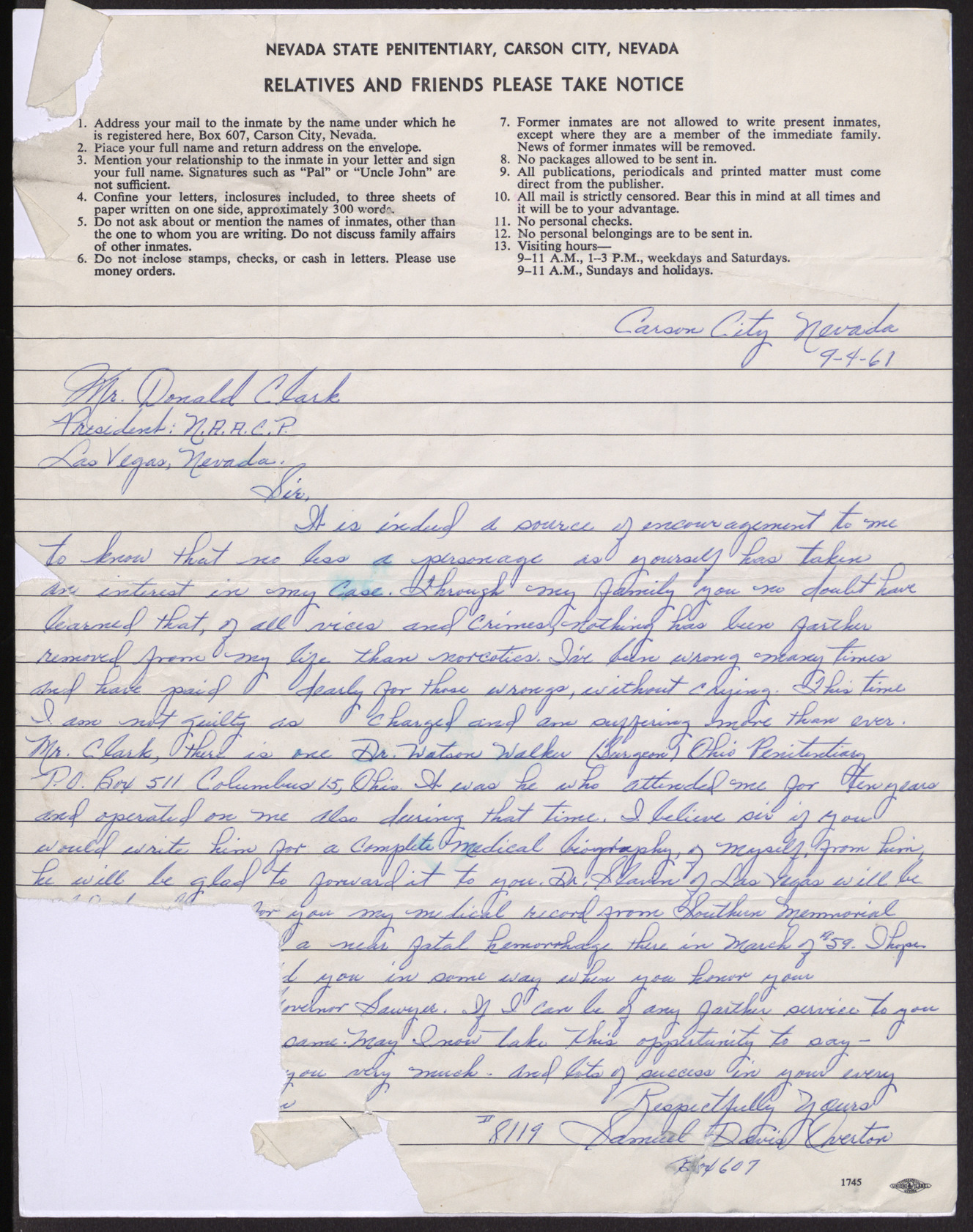 Letter to Donald Clark from Samuel Davis Overton, September 4, 1961