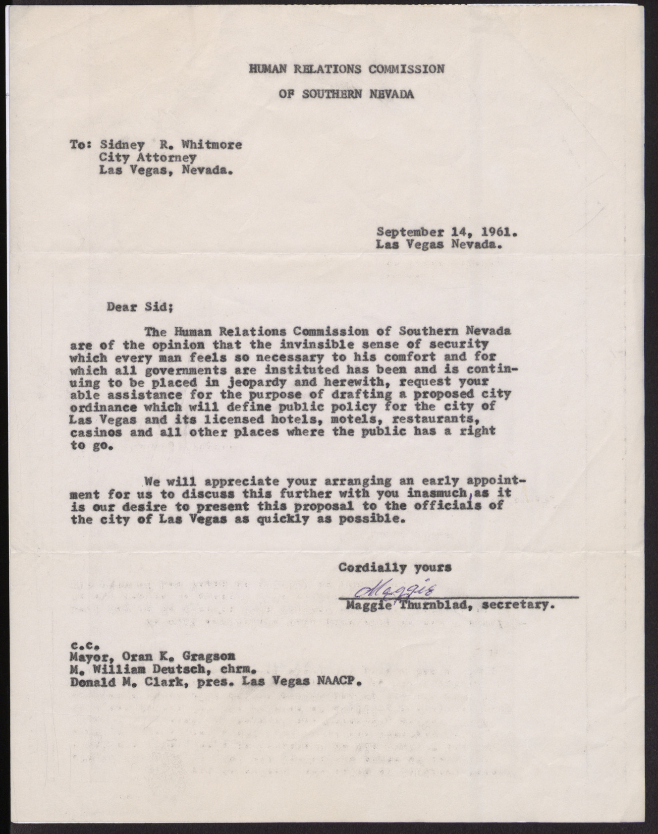 Letter to Sidney R. Whitmore from Maggie Thurnblad, September 14, 1961