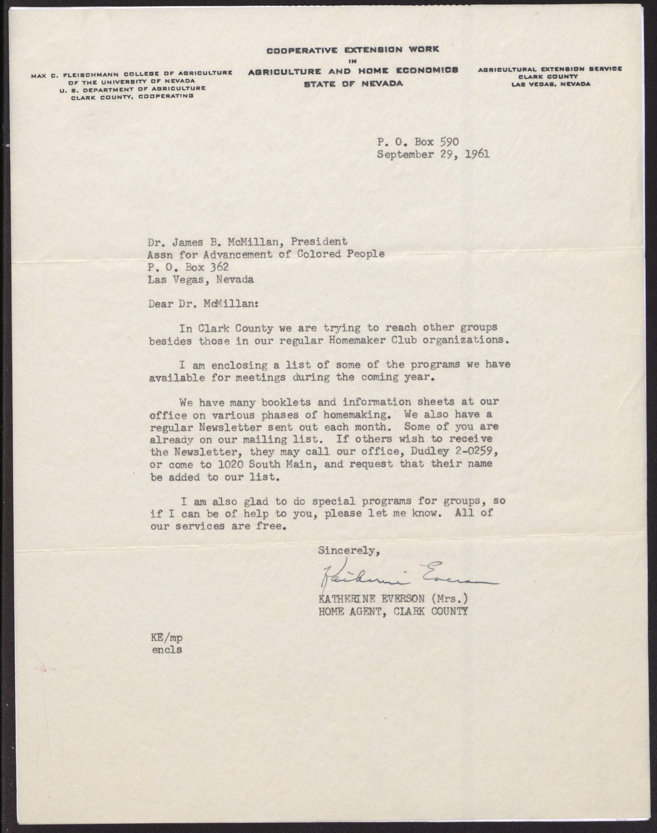 Letter to Dr. James B. McMillan from Katherine Everson, September 29, 1961