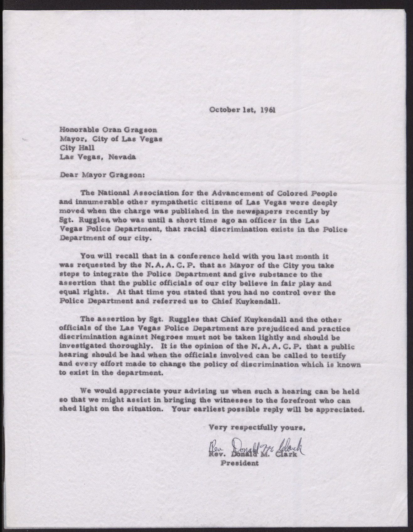Letter to Mayor Oran Gragson from Rev. Donald M. Clark, October 1, 1961