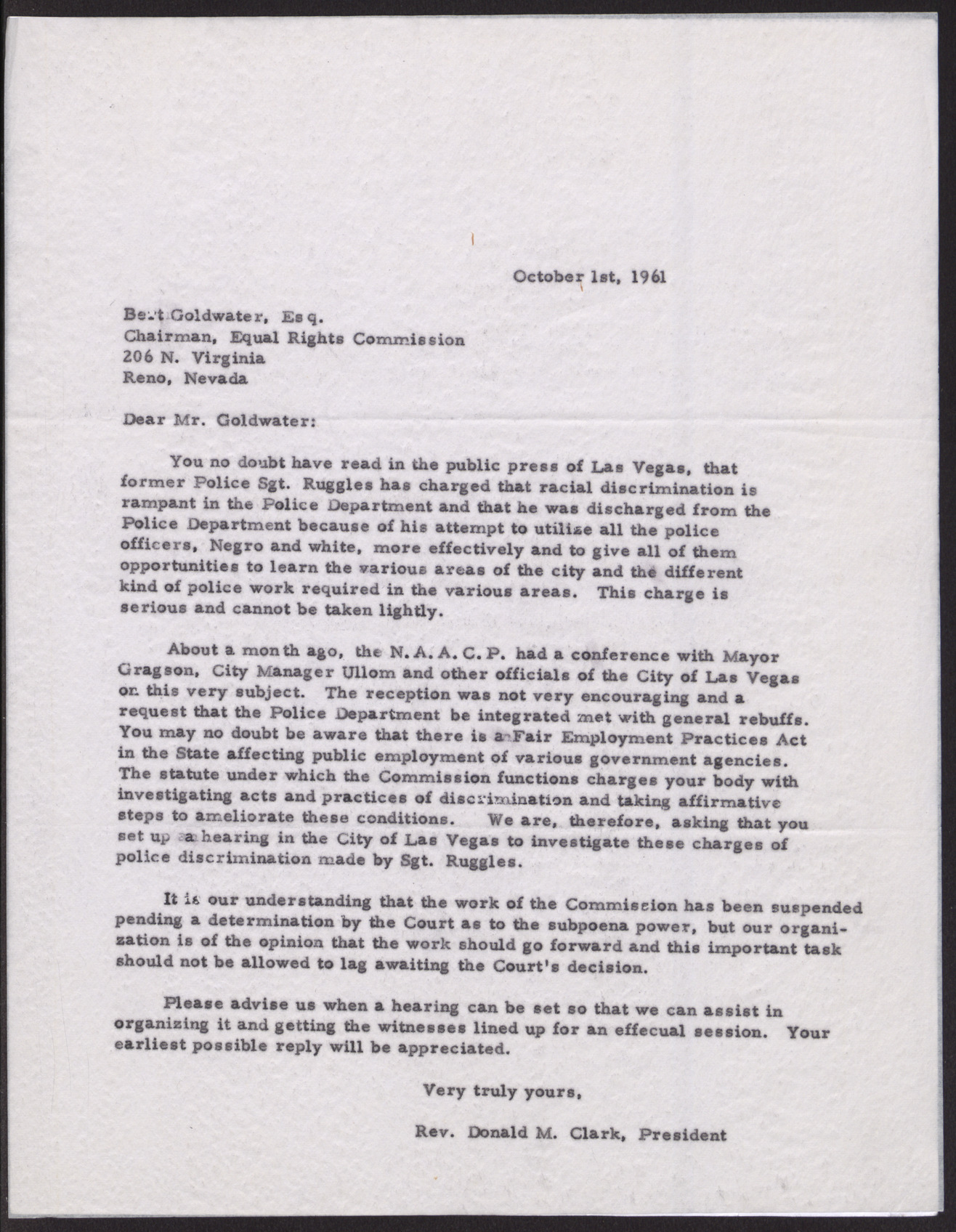 Letter to Bert Goldwater from Rev. Donald M. Clark, October 1, 1961