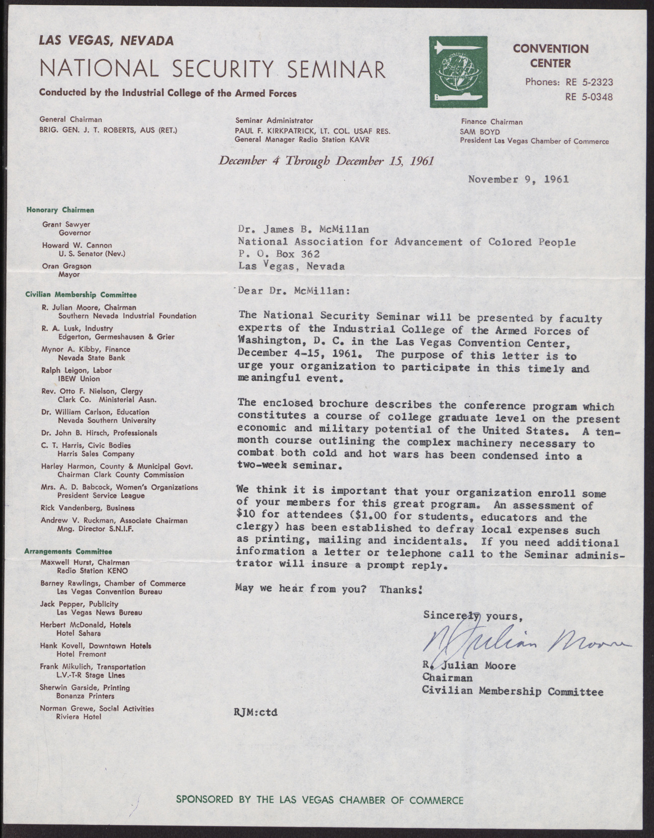 Letter to Dr. James B. McMillan from R. Julian Moore, November 9, 1961