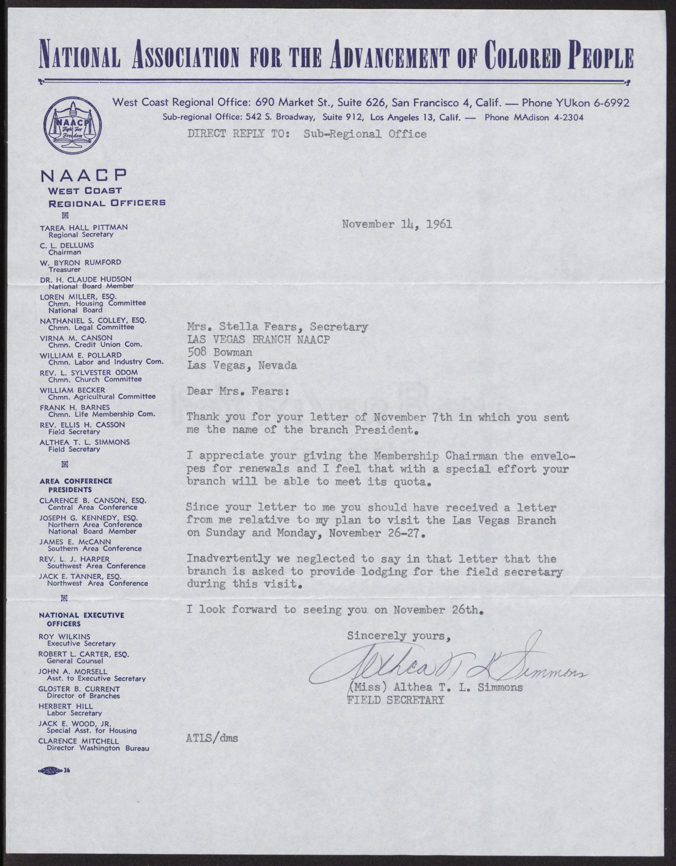 Letter to Mrs. Stella Fears from Althea T. L. Simmons, November 14, 1961