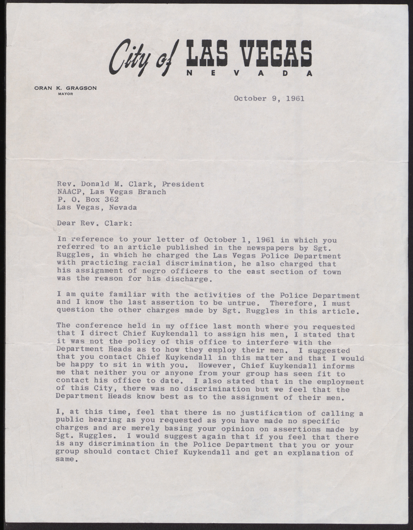 Letter to Rev. Donald M. Clark from Oran K. Gragson, October 9, 1961