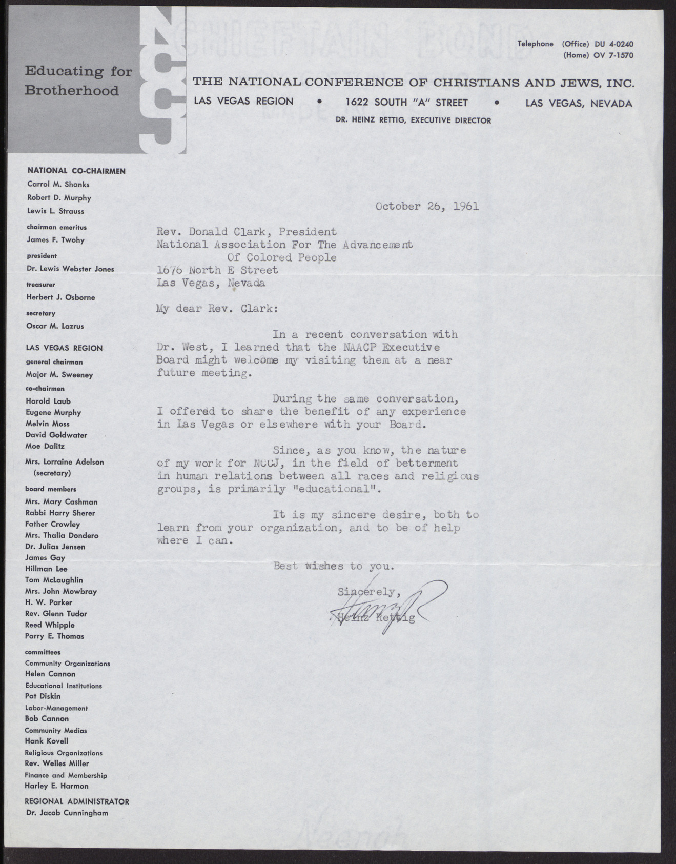 Letter to Rev. Donald Clark from Heinz Rettig, October 26, 1961