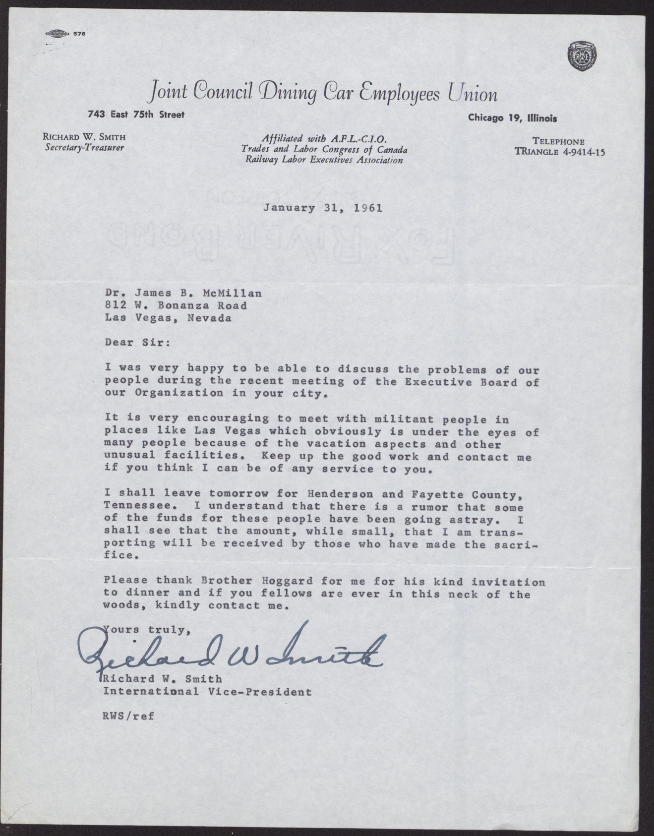 Letter to Dr. James B. McMillan from Richard W. Smith, January 31, 1961