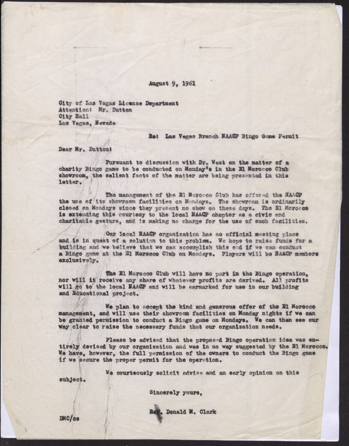 Letter to Mr. Dutton from Rev. Donald M. Clark, August 9, 1961
