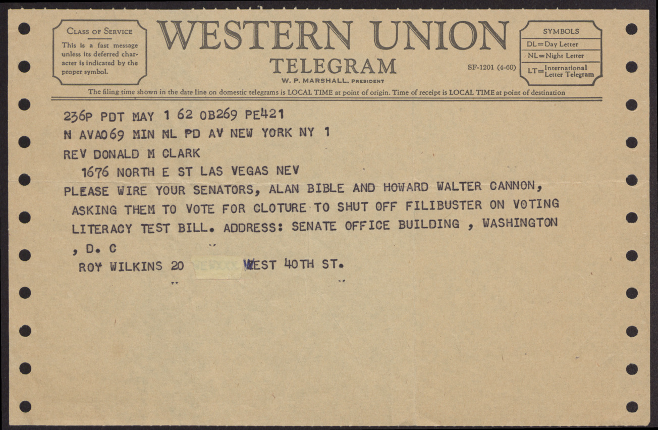 Telegram to Rev. Donald M. Clark from Roy Wilkinson,  May 1, 1962