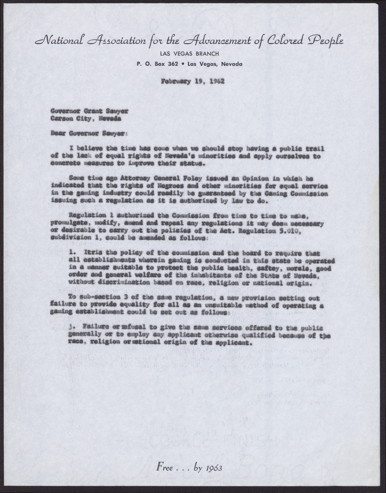 Letter to Grant Sawyer from Rev. Donald M. Clark (2 pages), February 19, 1962
