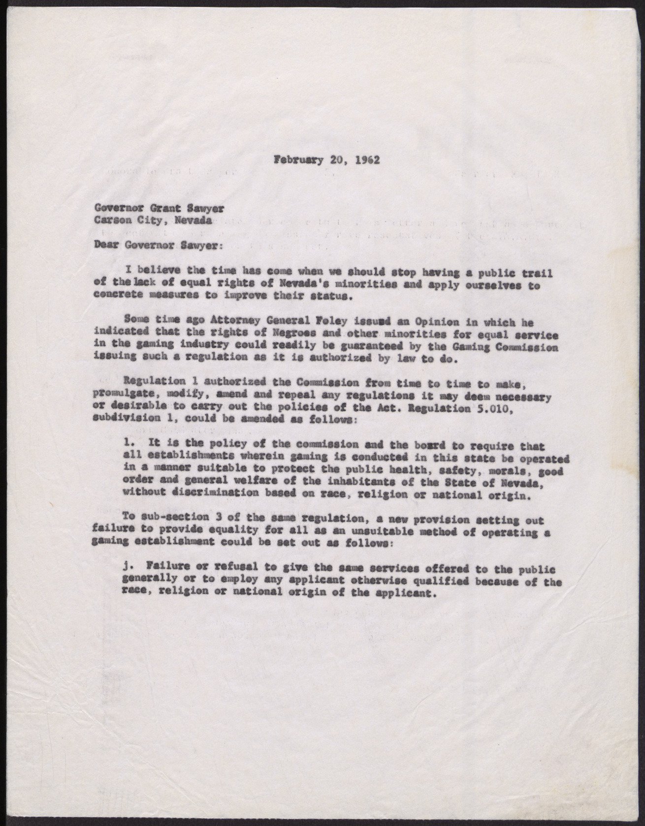 Letter to Grant Sawyer from Rev. Donald M. Clark (2 pages), February 20, 1962