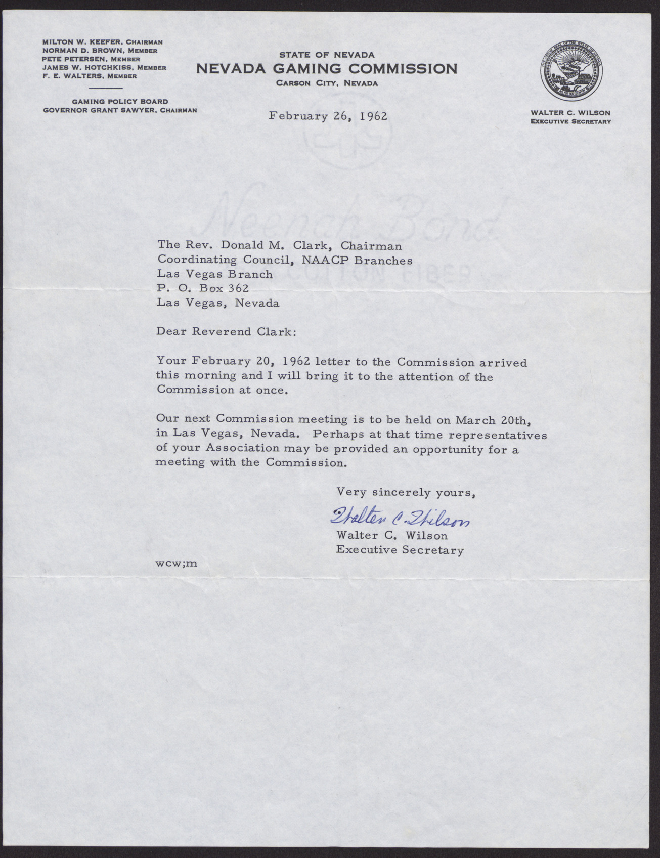 Letter to Rev. Donald M. Clark from Walter C. Wilson, February 26, 1962