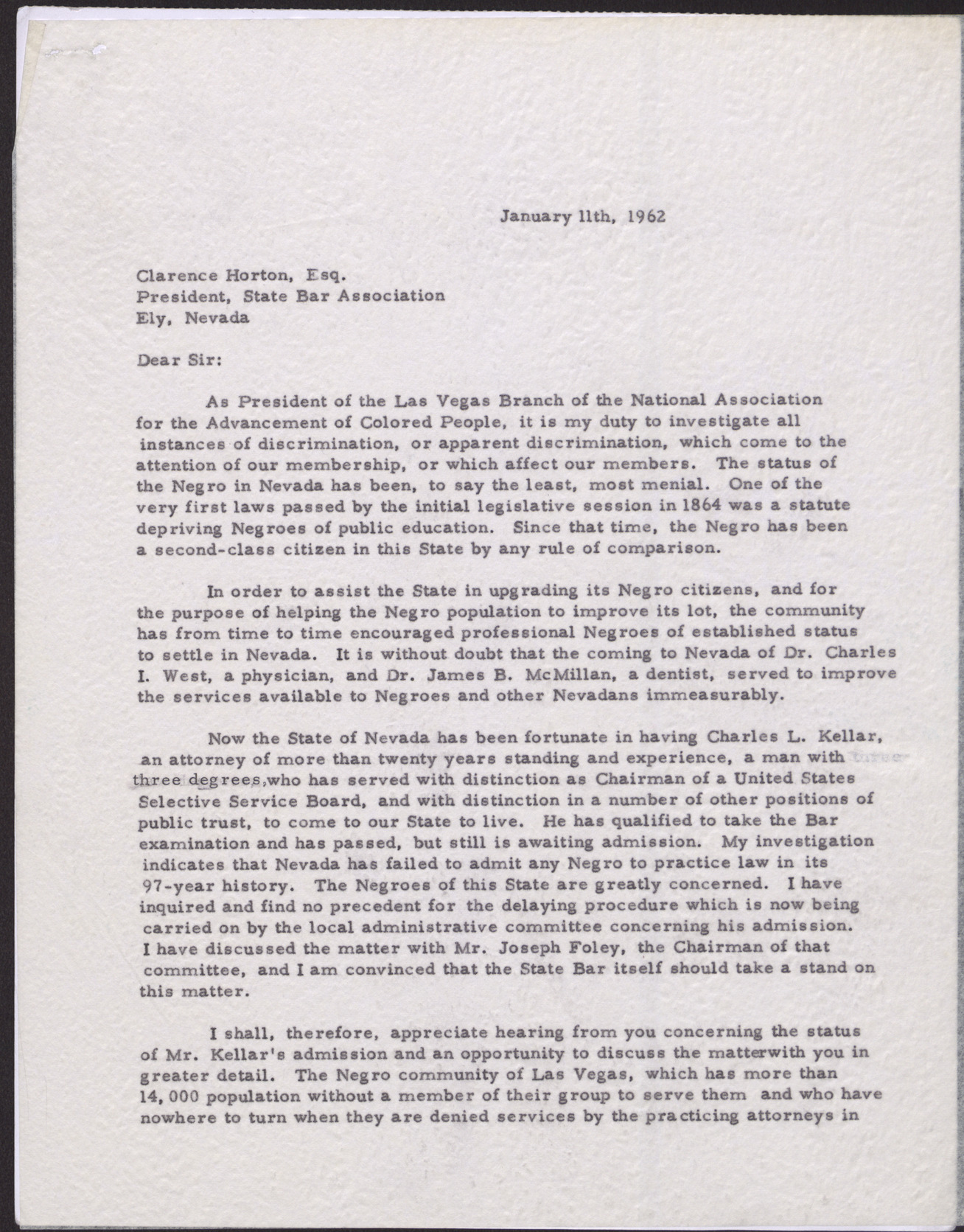 Letter to Clarence Horton from Rev. Donald M. Clark (2 pages), January 11, 1962