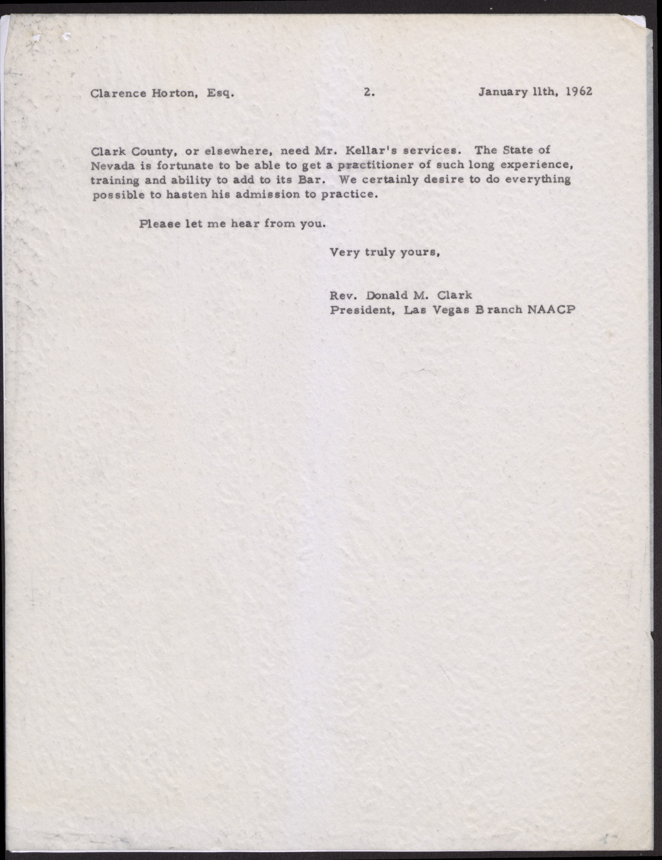 Letter to Clarence Horton from Rev. Donald M. Clark (2 pages), January 11, 1962, page 2