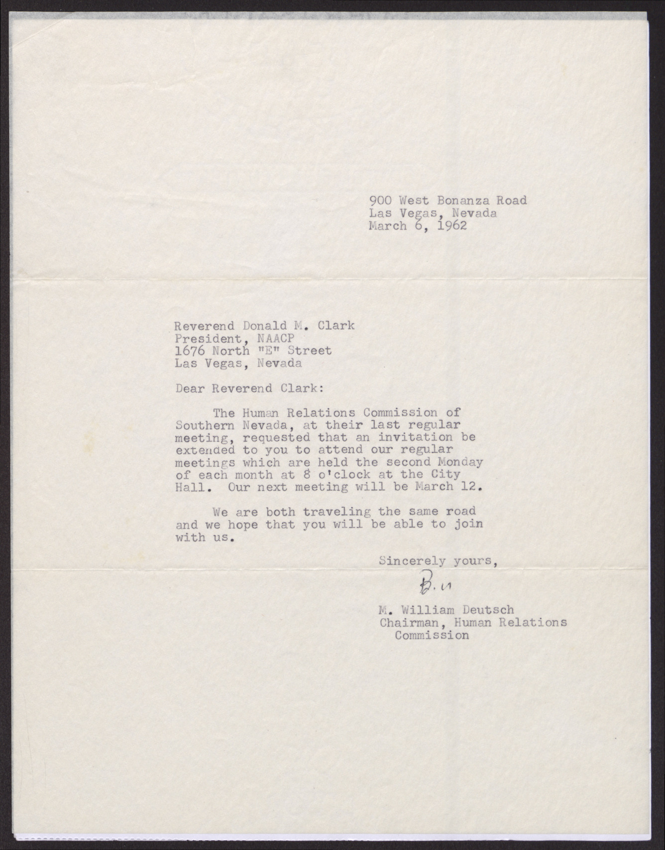 Letter to Reverend Donald M. Clark from M. William Deutsch, March 6, 1962