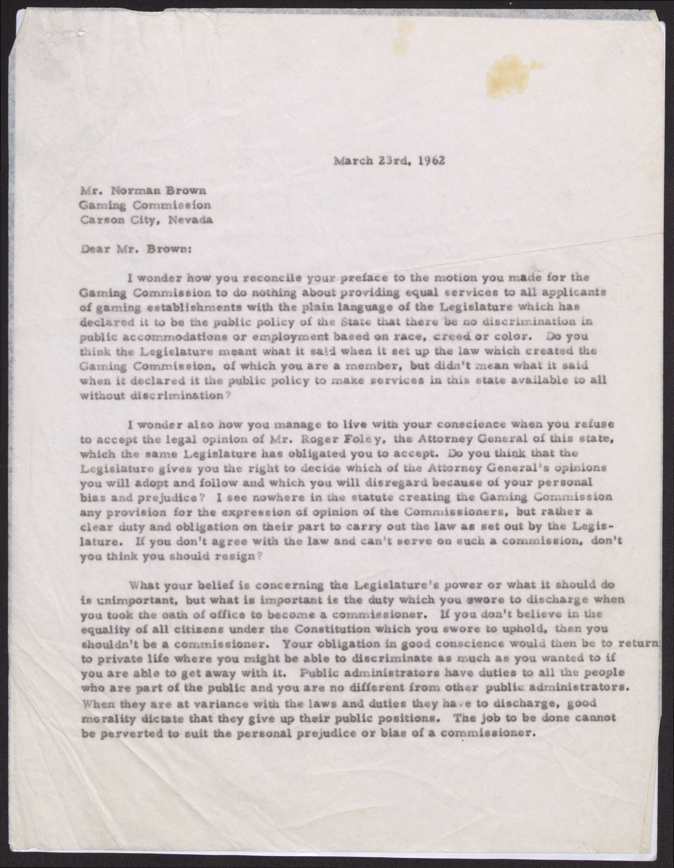 Letter to Mr. Norman Brown from Rev. Donald M. Clark (2 pages), March 23, 1962