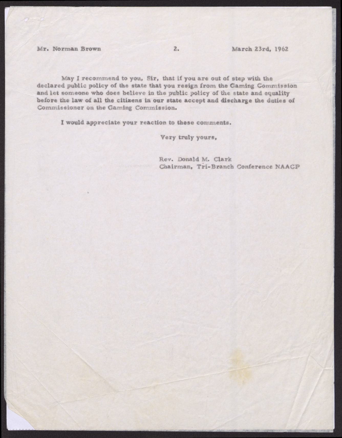 Letter to Mr. Norman Brown from Rev. Donald M. Clark (2 pages), March 23, 1962, page 2