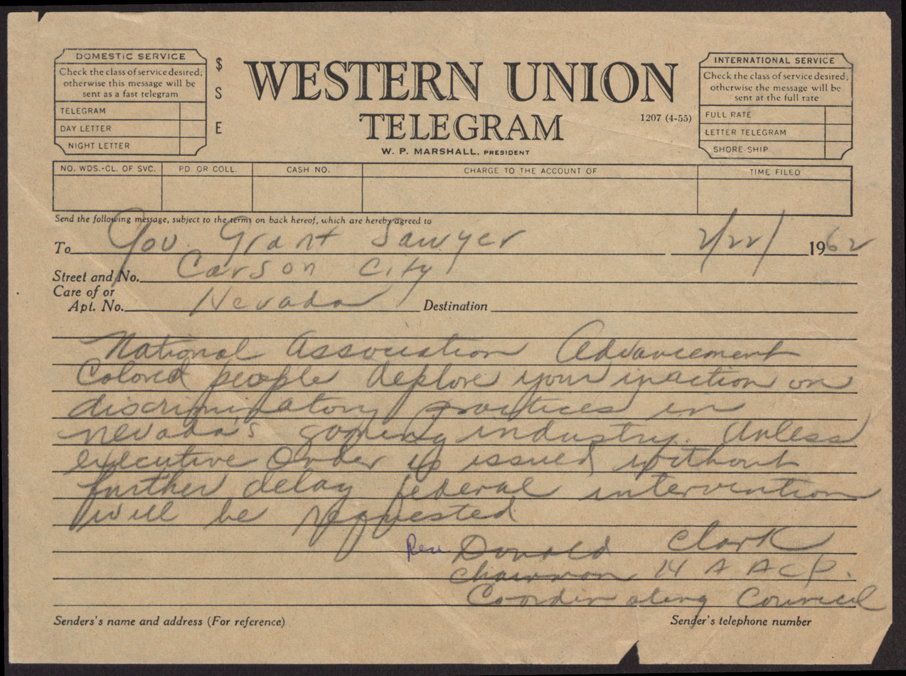 Telegram to Gov. Grant Sawyer from Clark, February 22, 1962