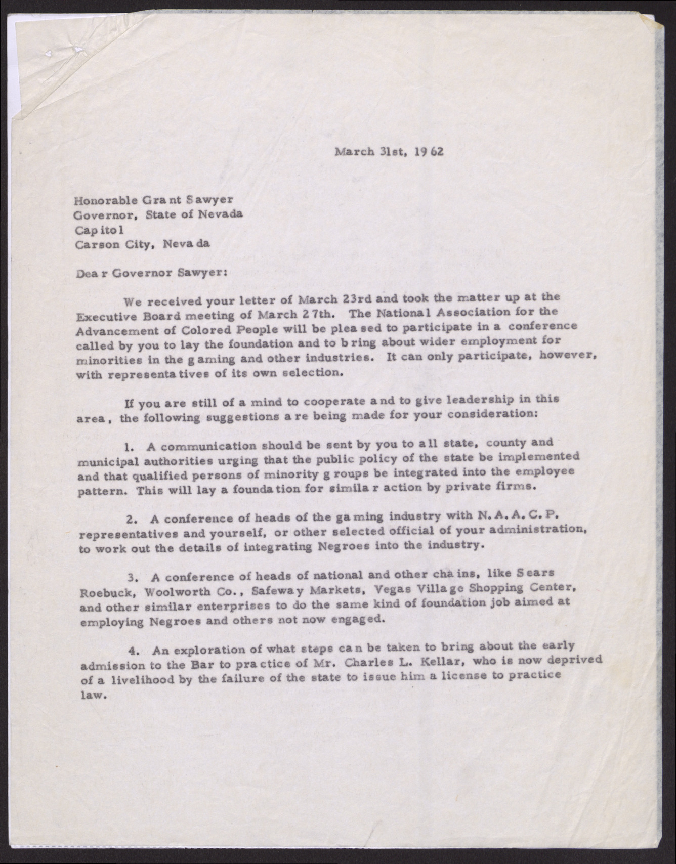 Letter to Honorable Grant Sawyer from Rev. Donald M. Clark (2 pages), March 31, 1962