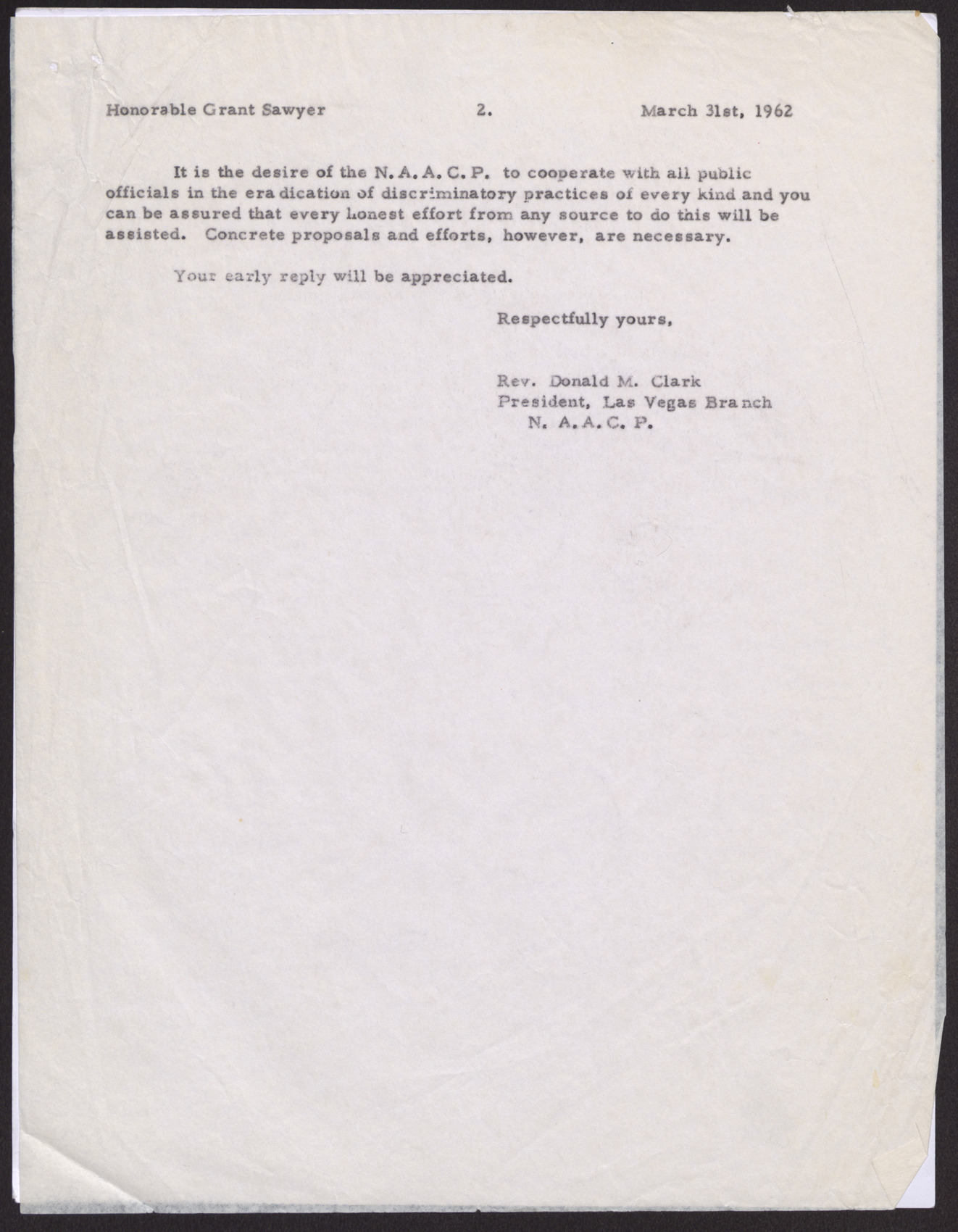 Letter to Honorable Grant Sawyer from Rev. Donald M. Clark (2 pages), March 31, 1962, page 2