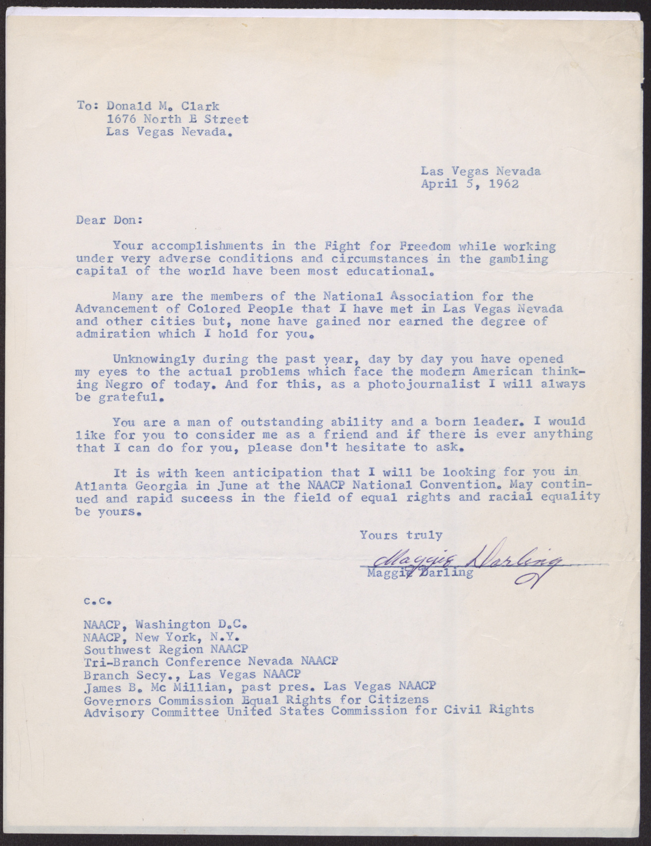 Letter to Donald M. Clark from Maggie Thurnblad, April 5, 1962