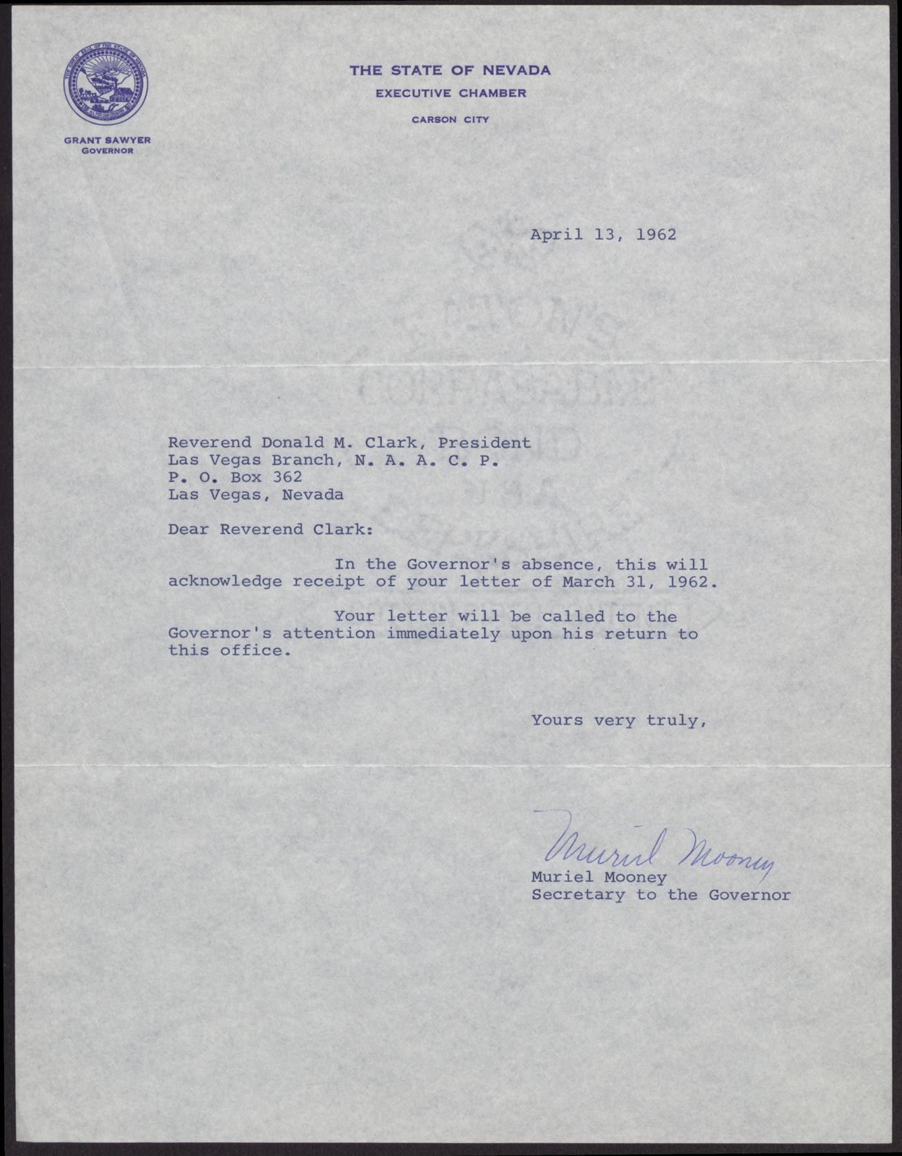 Letter to Reverend Donald M. Clark from Muriel Mooney, April 13, 1962