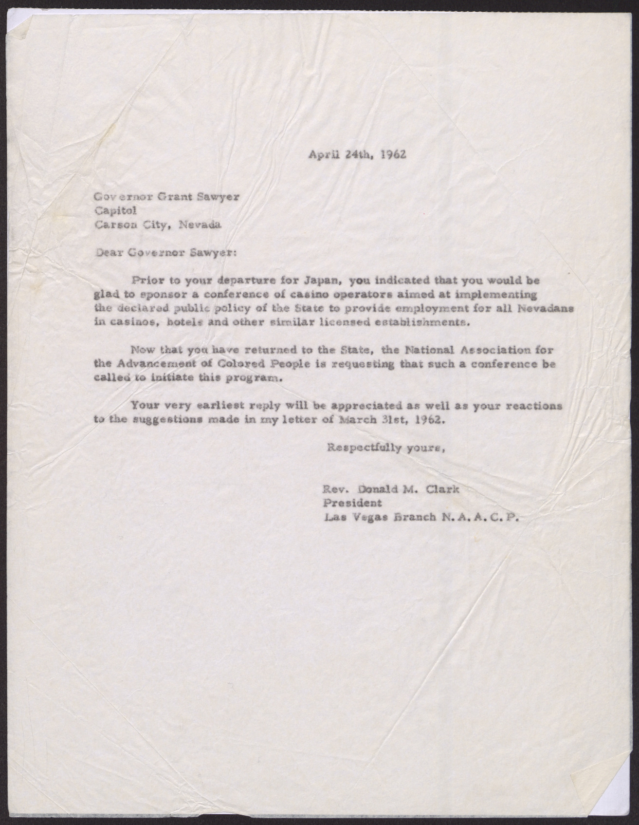 Letter to Governor Grant Sawyer from Rev. Donald M. Clark, April 24, 1962
