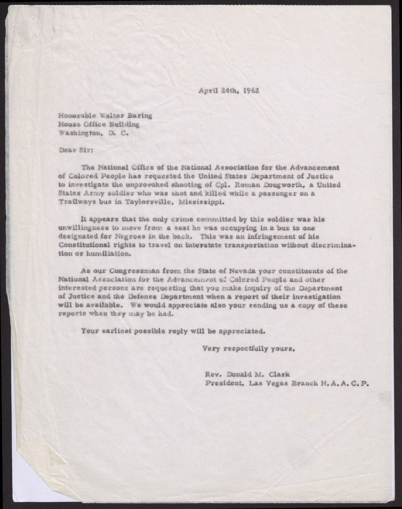 Letter to Honorable Walter Baring from Rev. Donald Clark, April 24, 1962