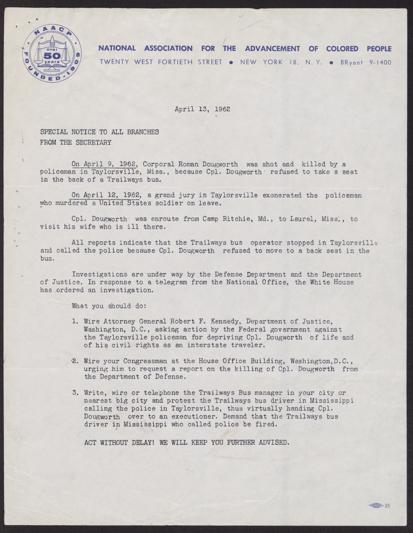Special notice to all NAACP branches, April 13, 1962