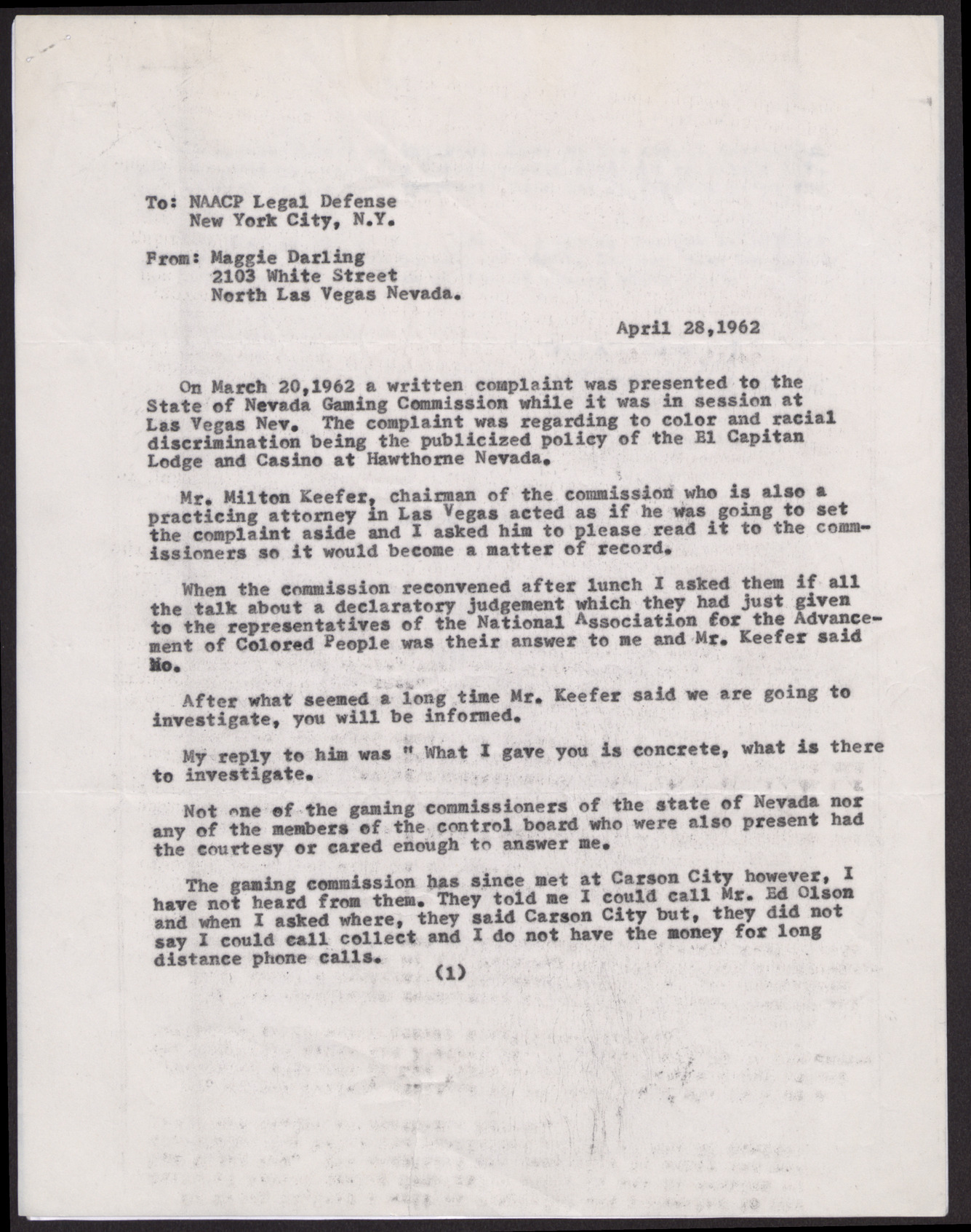 Letter to NAACP Legal Defense from Maggie Thurnblad (2 pages), April 28, 1962