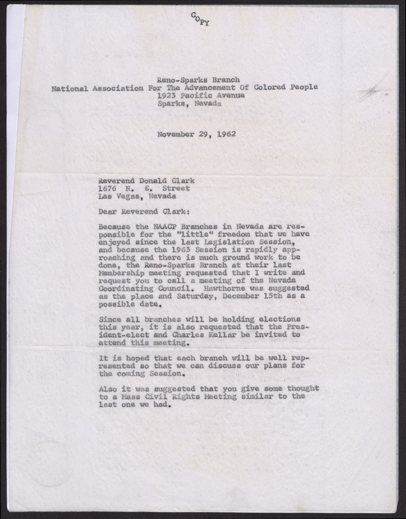 Letter to Reverend Donald Clark from Bertha S. Woodward (2 pages), November 29, 1962