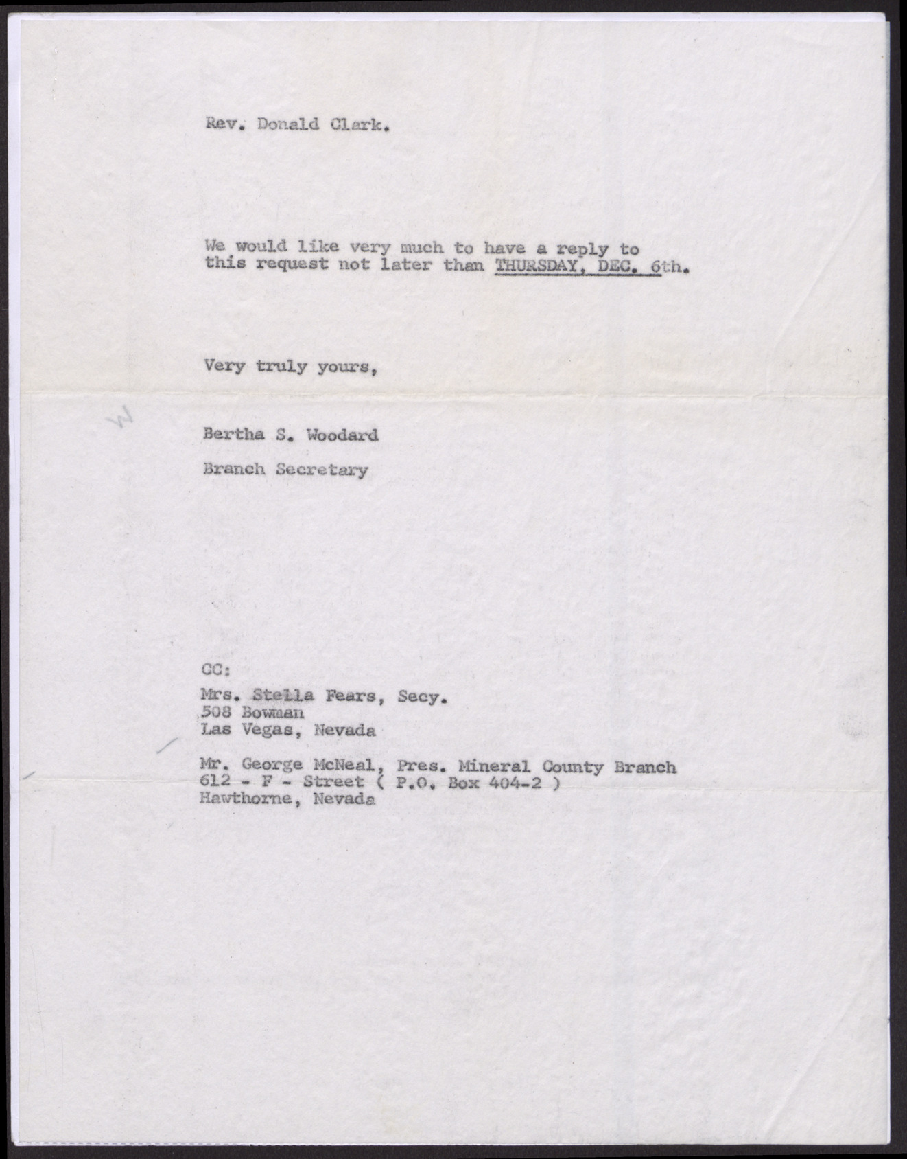 Letter to Reverend Donald Clark from Bertha S. Woodward (2 pages), November 29, 1962, page 2