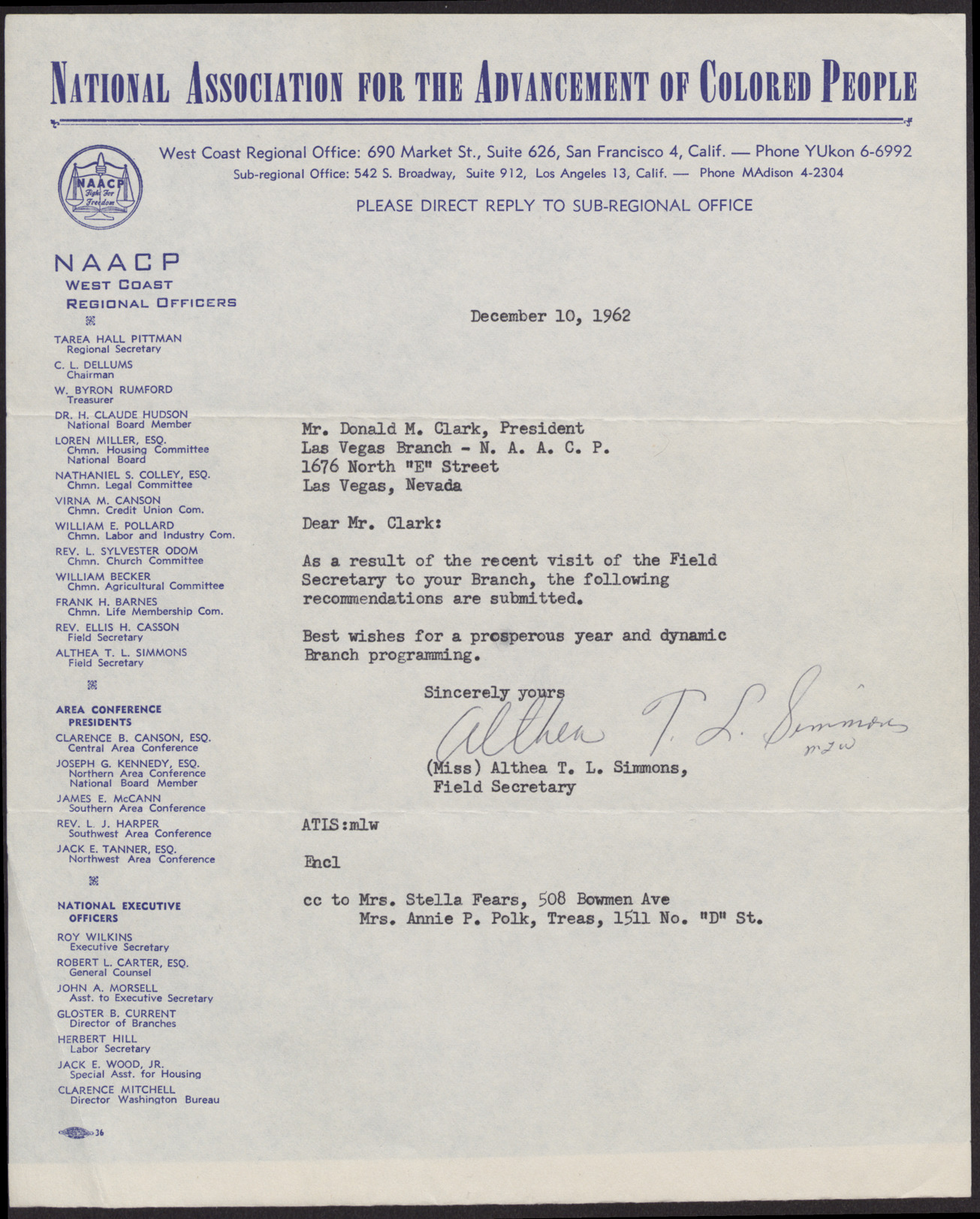 Letter to Donald M. Clark from Althea T. L. Simmons, December 10, 1962