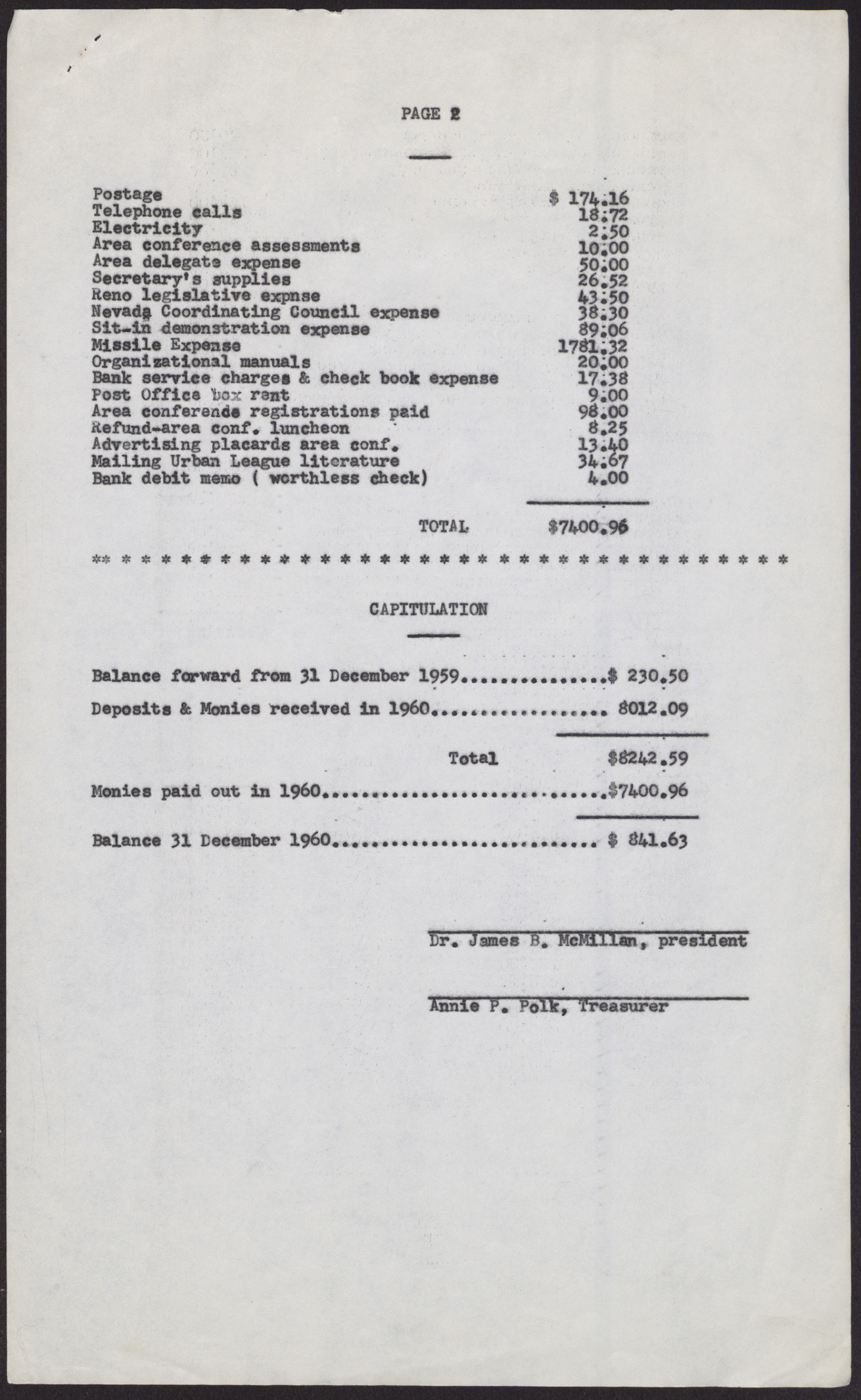 NAACP Las Vegas Branch Financial Report for 1960 (2 pages), page 2