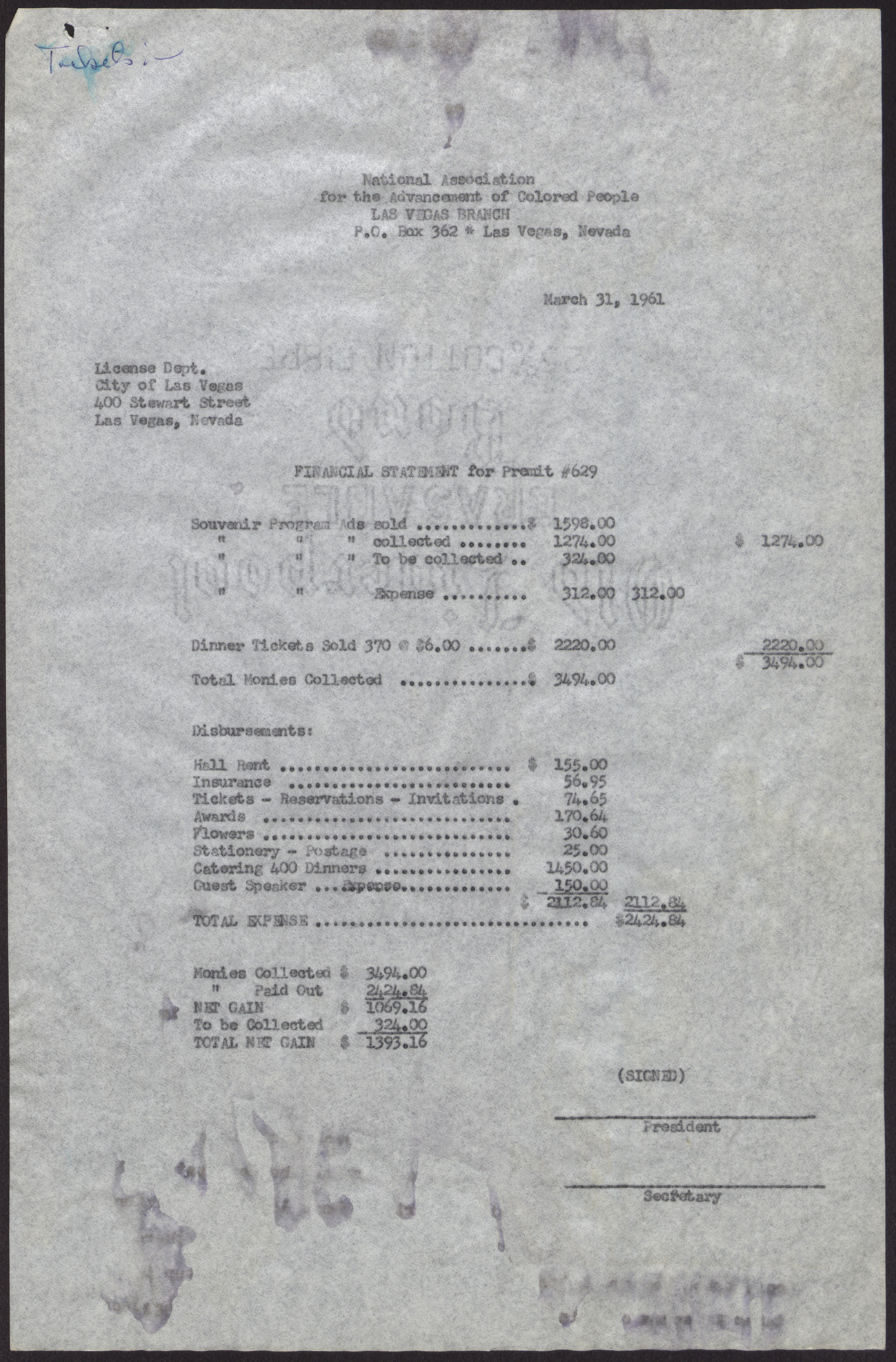 NAACP Las Vegas Branch Financial Statement for Permit "629," March 31, 1961
