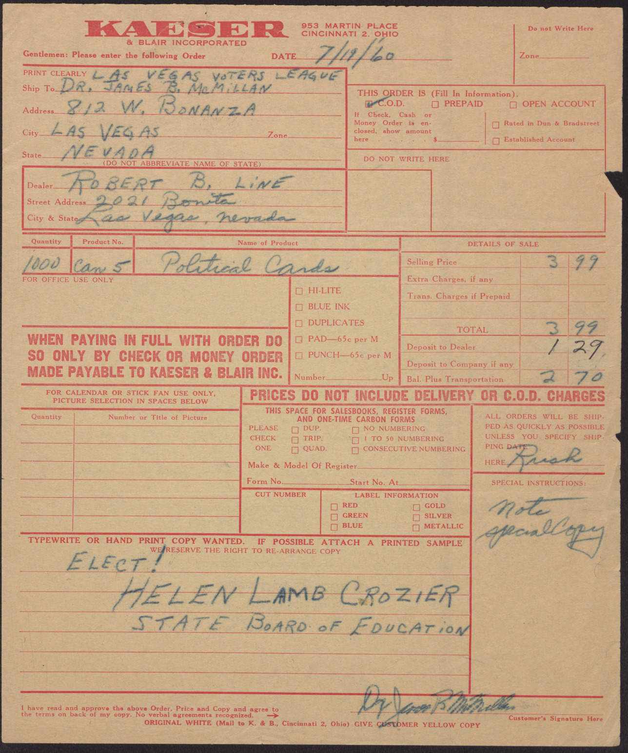 Order form for some type of promotional print for the State Board of Education election of Helen Lamb Crozier (with a special note attached), July 19, 1960