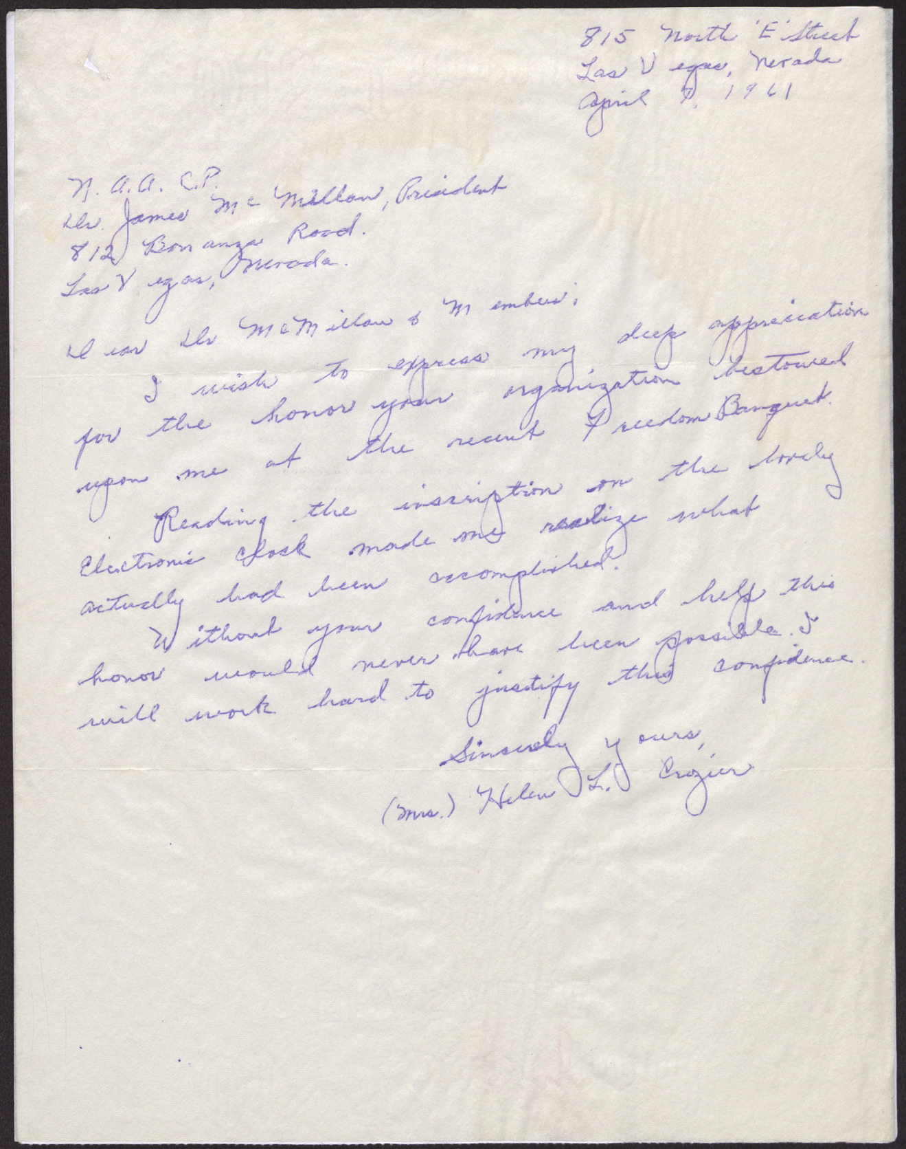 Handwritten letter to Dr. James McMillan from Helen L. Crozier, April 7, 1961