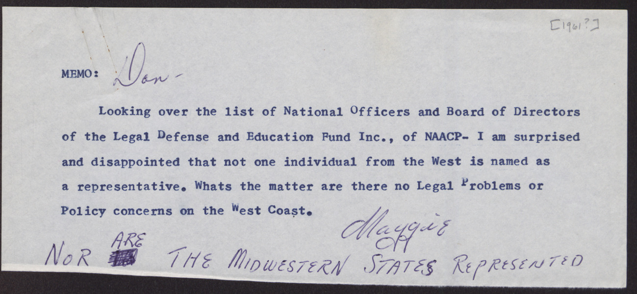 Memo and list of NAACP officers and board directors to Donald Clark from Maggie (3 pages), [1961?]