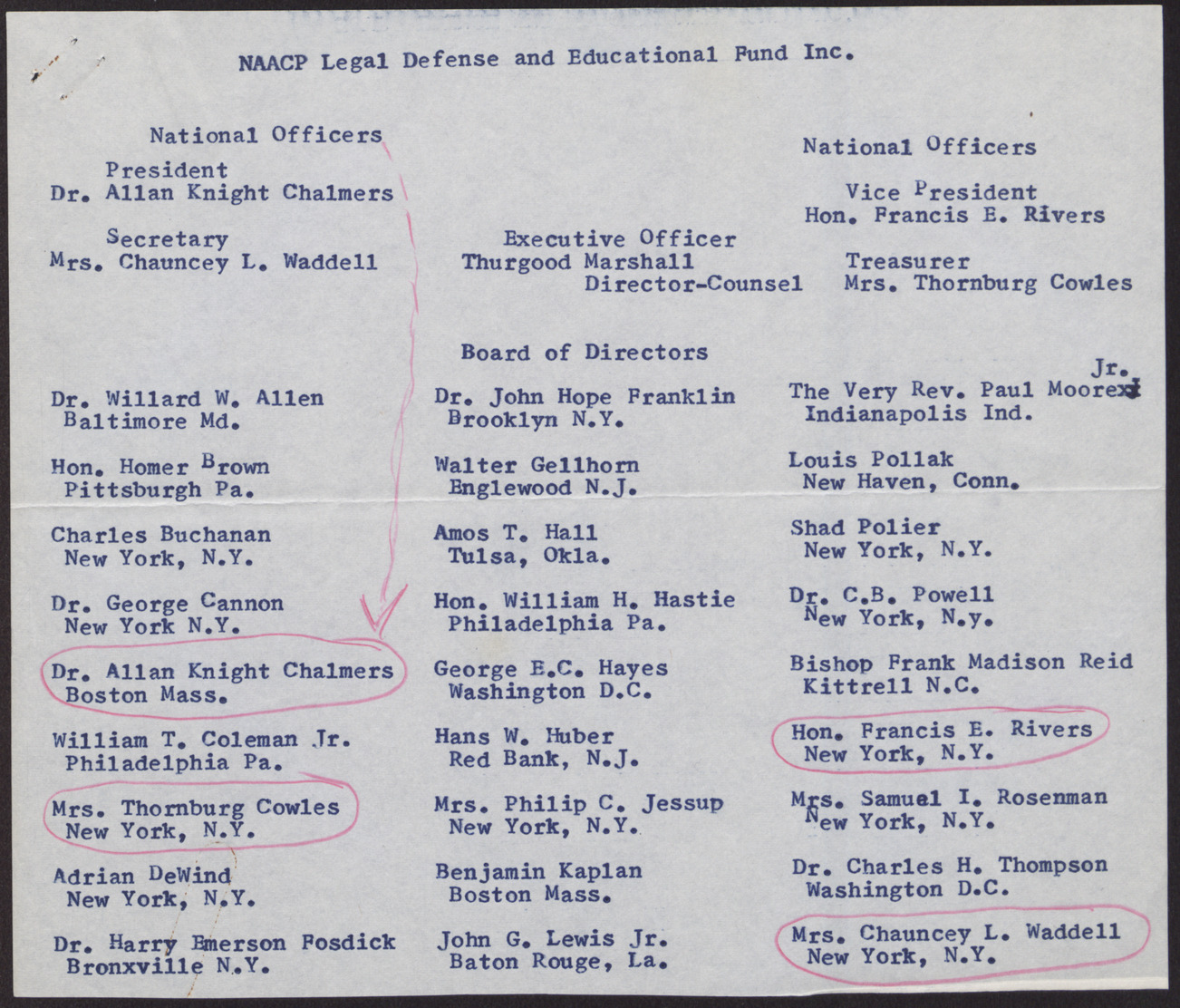 Memo and list of NAACP officers and board directors to Donald Clark from Maggie (3 pages), [1961?], page 2