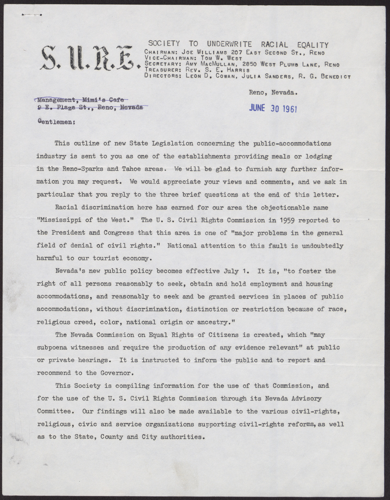 Letter to unnamed group from Amy McMullan, June 30, 1961